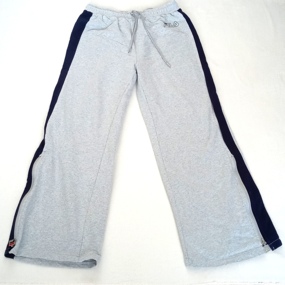 *Relisted* Fila Grey Blue Racer Stripes 3/4 "Zip Leg" Wide Leg Sweatpant Pants S - Picture 4 of 16